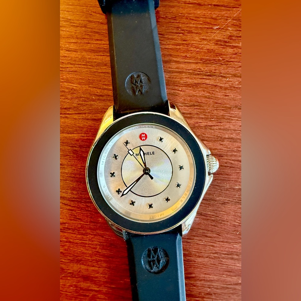 Michele Black Silicone Strap Silver Dial Watch